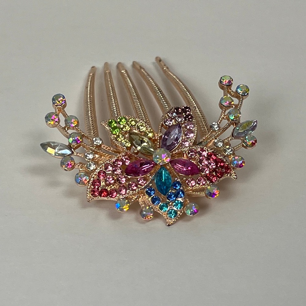 Rhinestone Hair Comb Gold Tone Flower Floral Jeweled Hair Accessory Bridal Prom